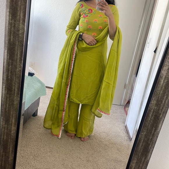 Mint green color handwork 3 piece Indian suit with floral design - Picture 3 of 5